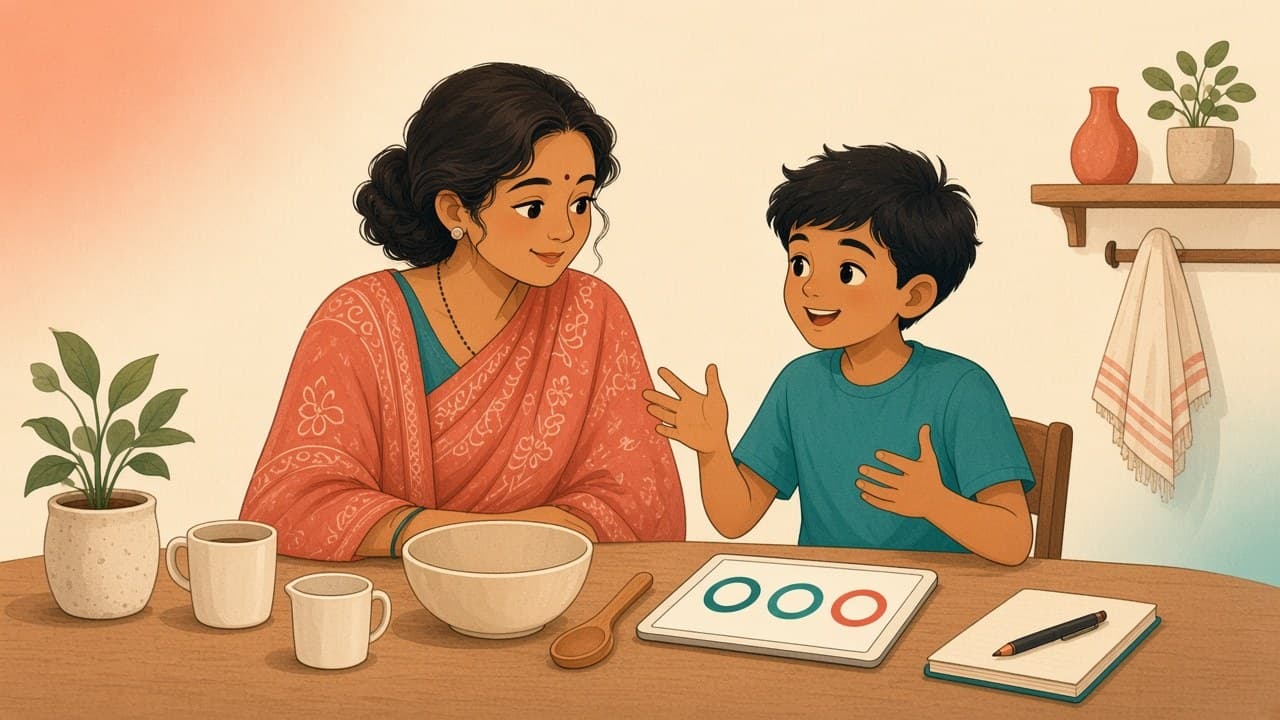 Parent listening as a child explains a real-world problem beside a tablet with three understanding-check rings