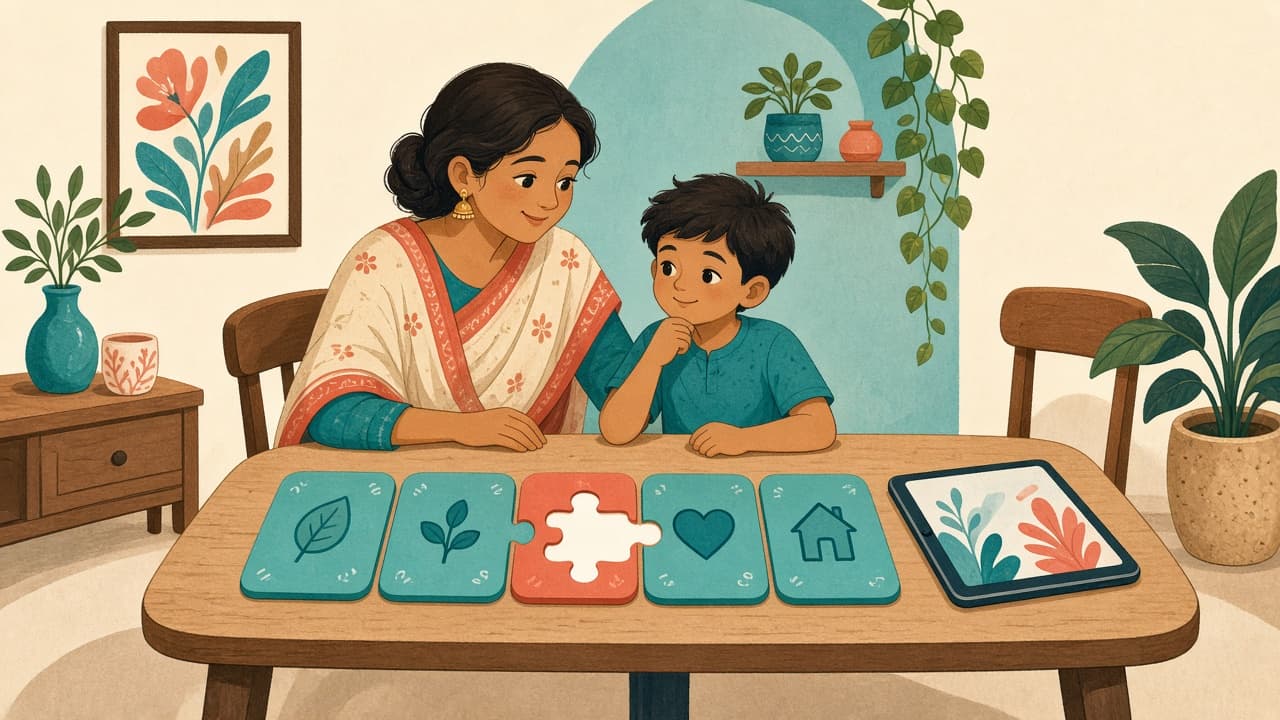 Parent and child at a table with a missing chapter card in a row of completed ones