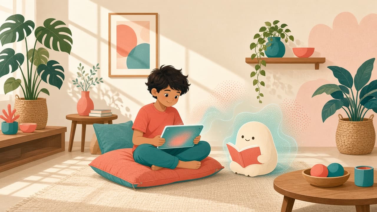 Child practising on a tablet with a friendly companion nearby