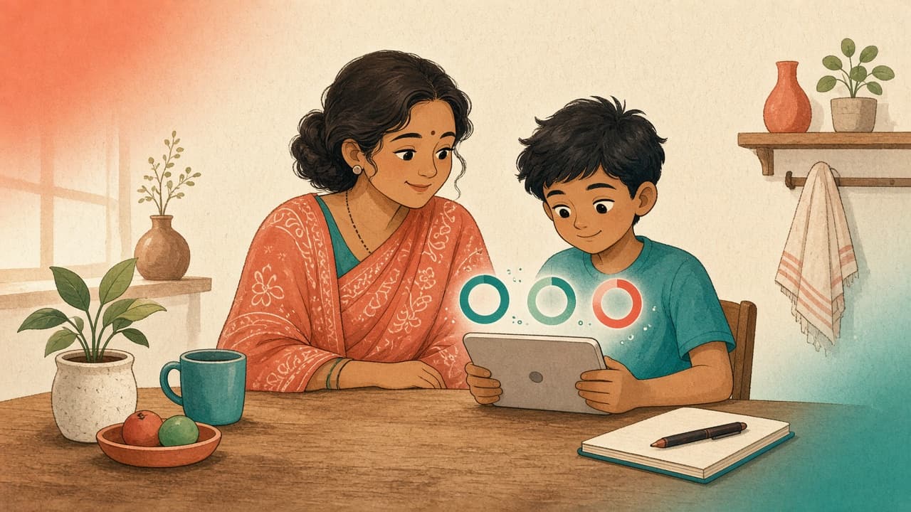Parent and child looking at a tablet with three understanding-check rings