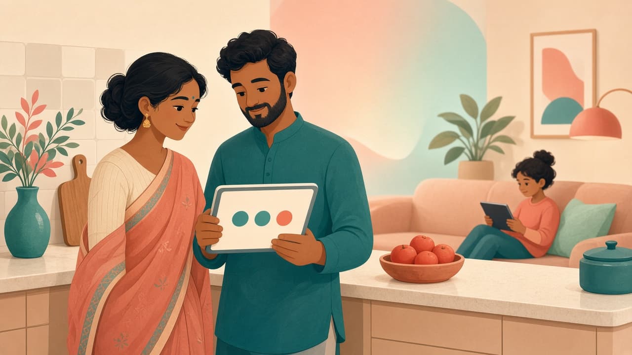 Parents reviewing a tablet while a child practises on the sofa