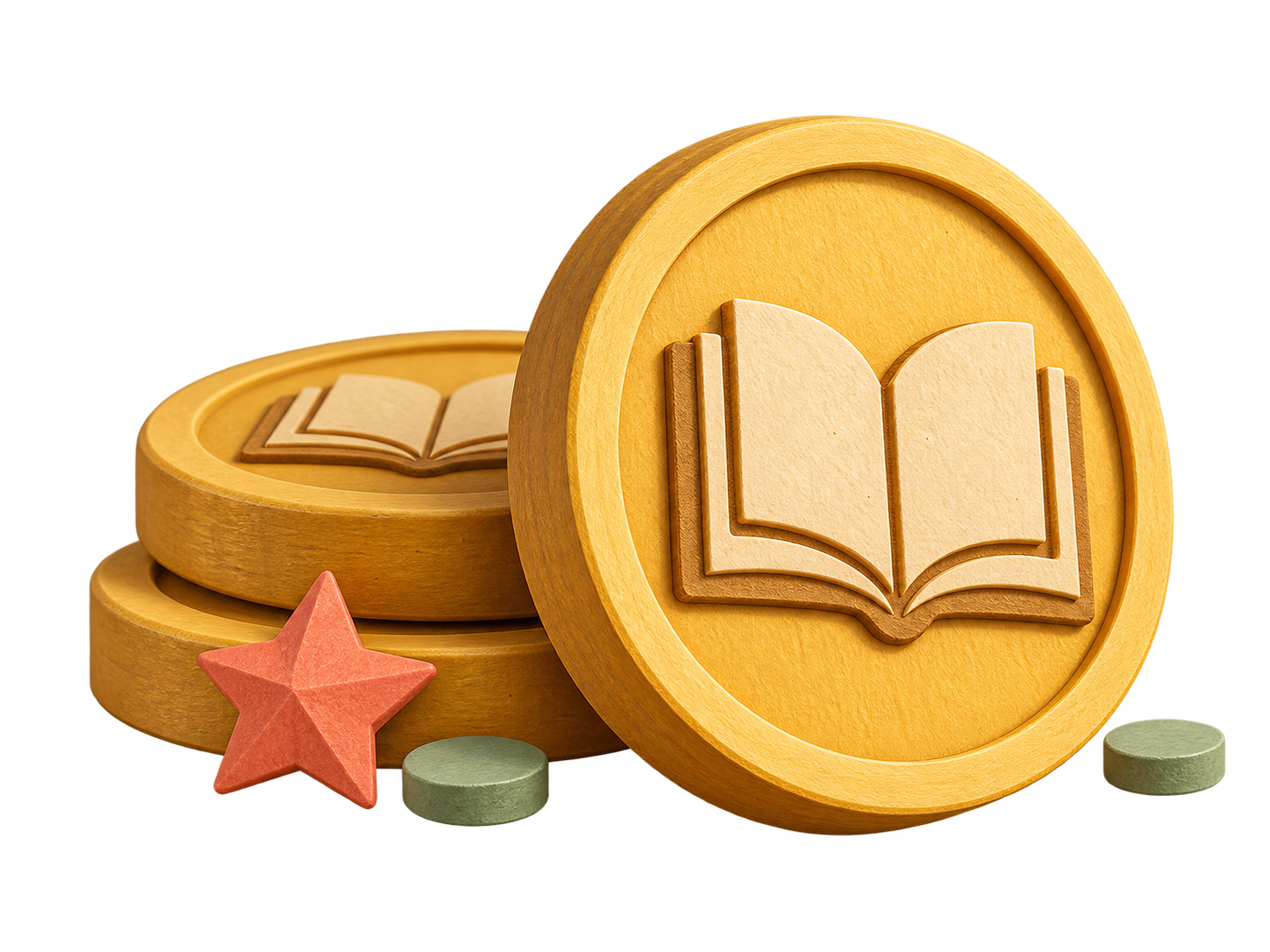 Illustrated golden Brainy Coins with a book motif