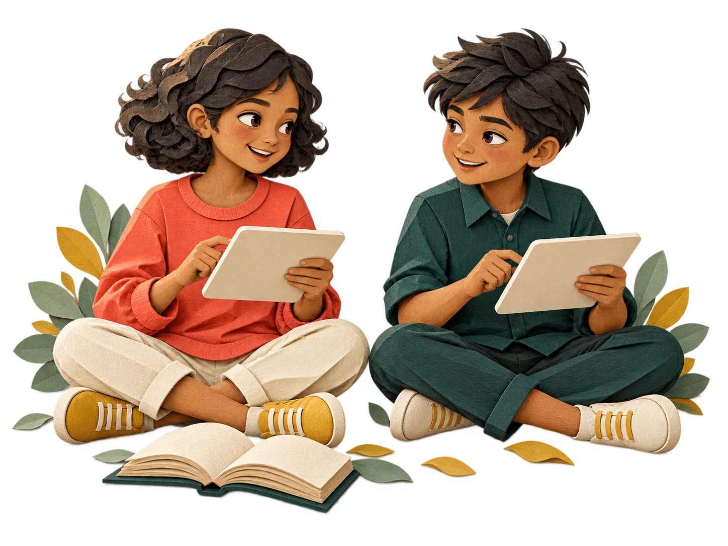 Two illustrated children enjoying a friendly tablet challenge
